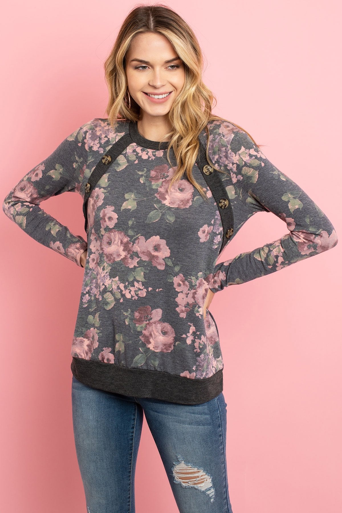 Flora Grace: Long Sleeve Floral Top with Button Detail