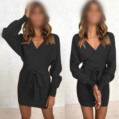 Velora V-Neck Knit Texture Dress – Black