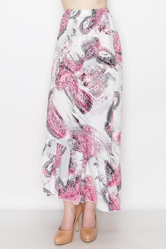 Saffron Bloom: Pink Paisley Flared Maxi Skirt