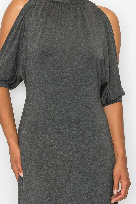 Grey Allure: Open Shoulder Tie-Back Midi Dress