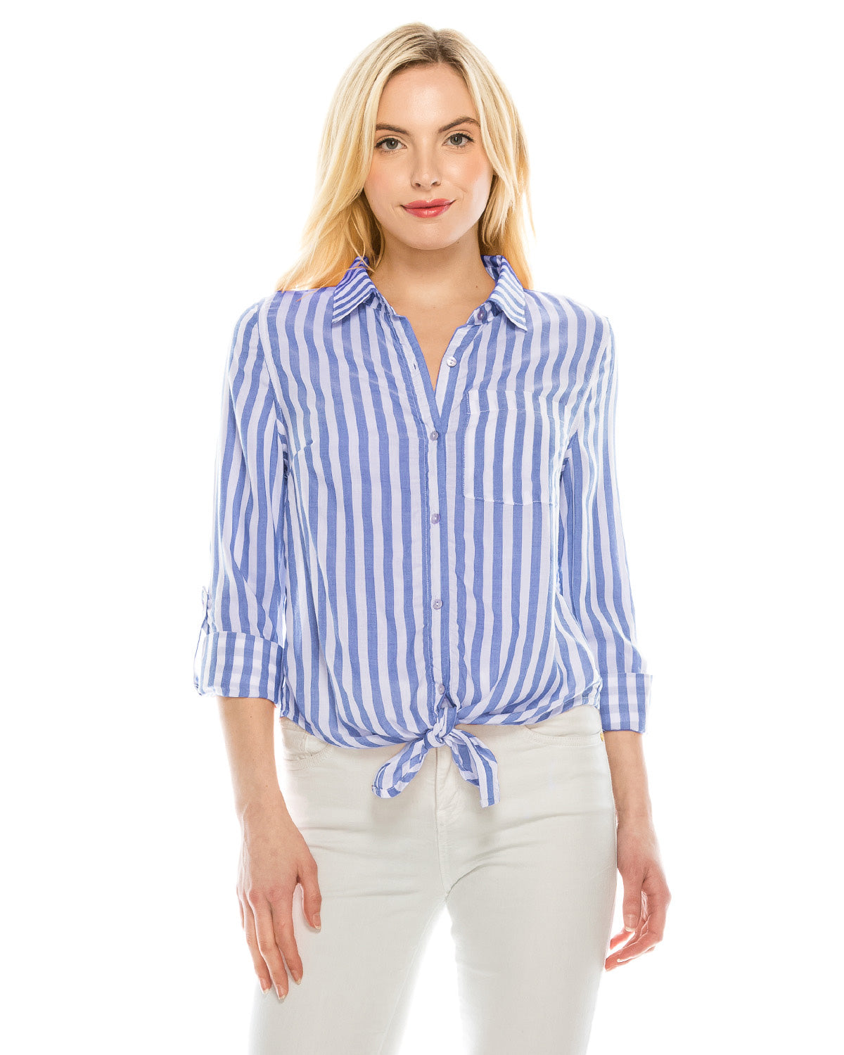 ZIMEGO Women's Tie-Front Chambray Crop Shirt