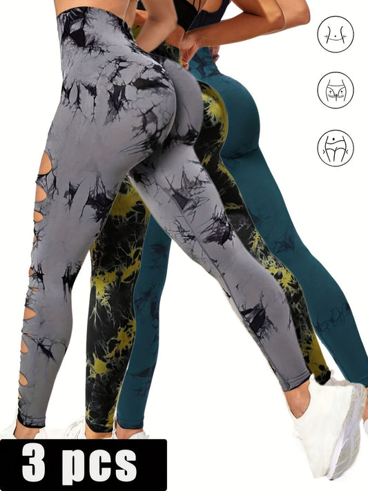 Triple Impact Cutout Scrunch Leggings – 3-Pack Tie-Dye Edition