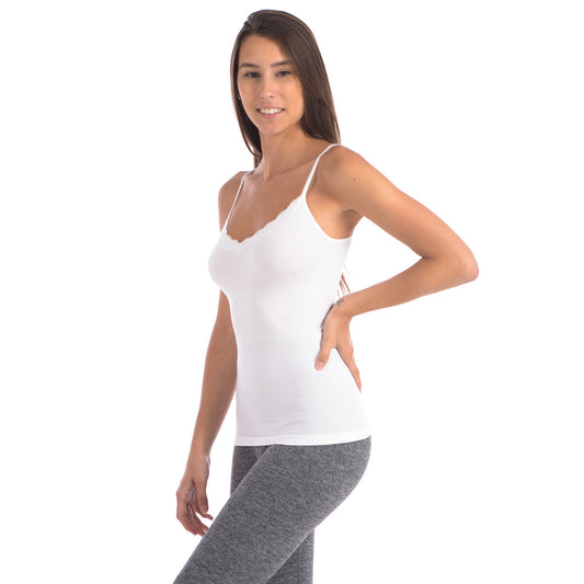 Luxe Smooth: Seamless Slimming Camisole with Lace Trim – White