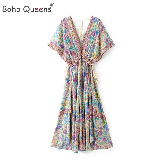 Boho Queens: Peacock Floral Maxi Dress