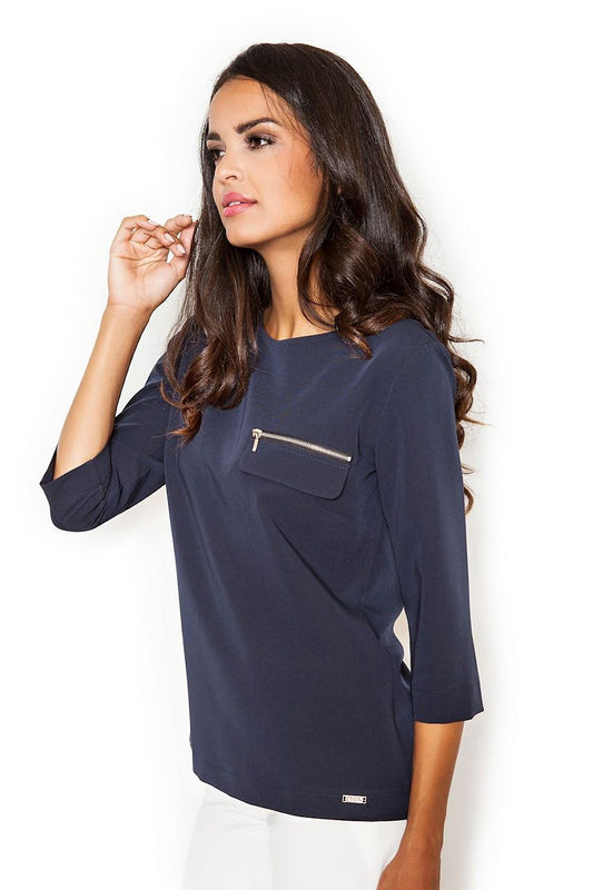 Chic Loose-Fit Blouse with Decorative Zipper Pocket by Figl - Model 111531