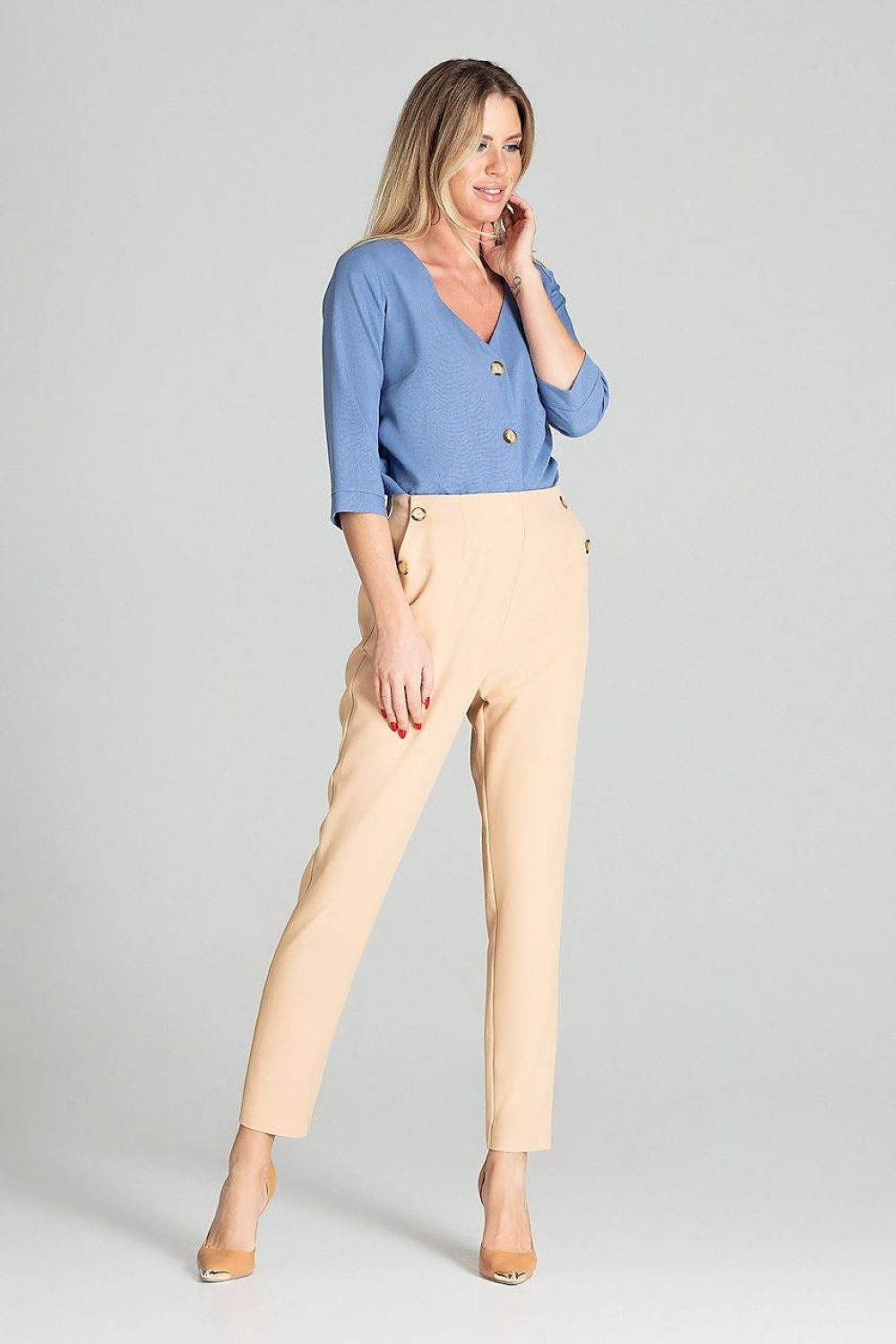 Simple Blue Blouse with 3/4 Sleeves by Figl - Model 141752