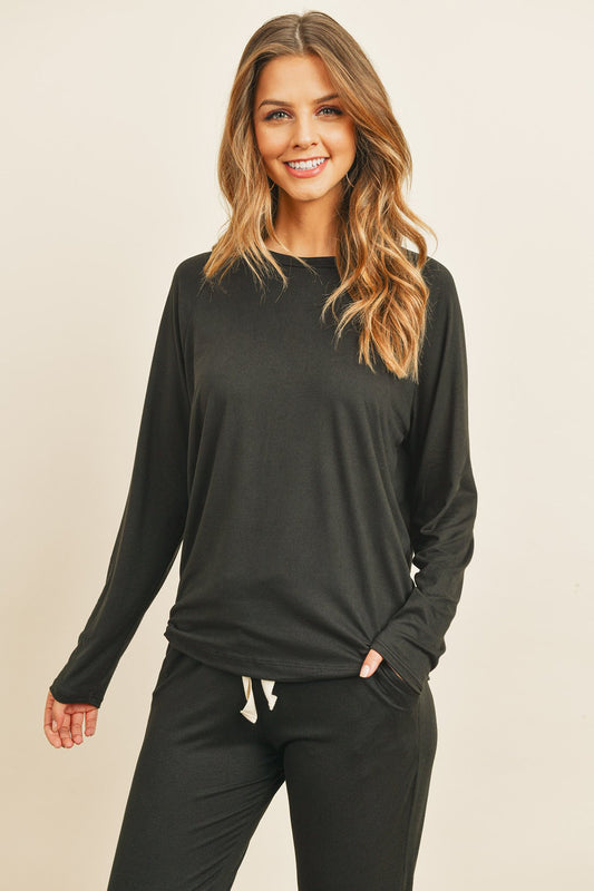 Cozy Solid Brushed Top and Jogger Set with Self-Tie