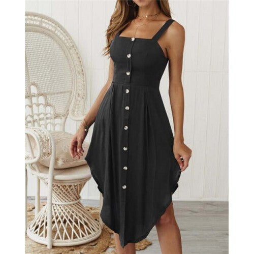 Sloane Button-Strap Midi Dress – Black