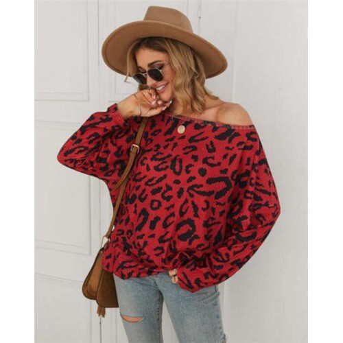 Crimson Wild: Long Sleeve Leopard Print Top – Red