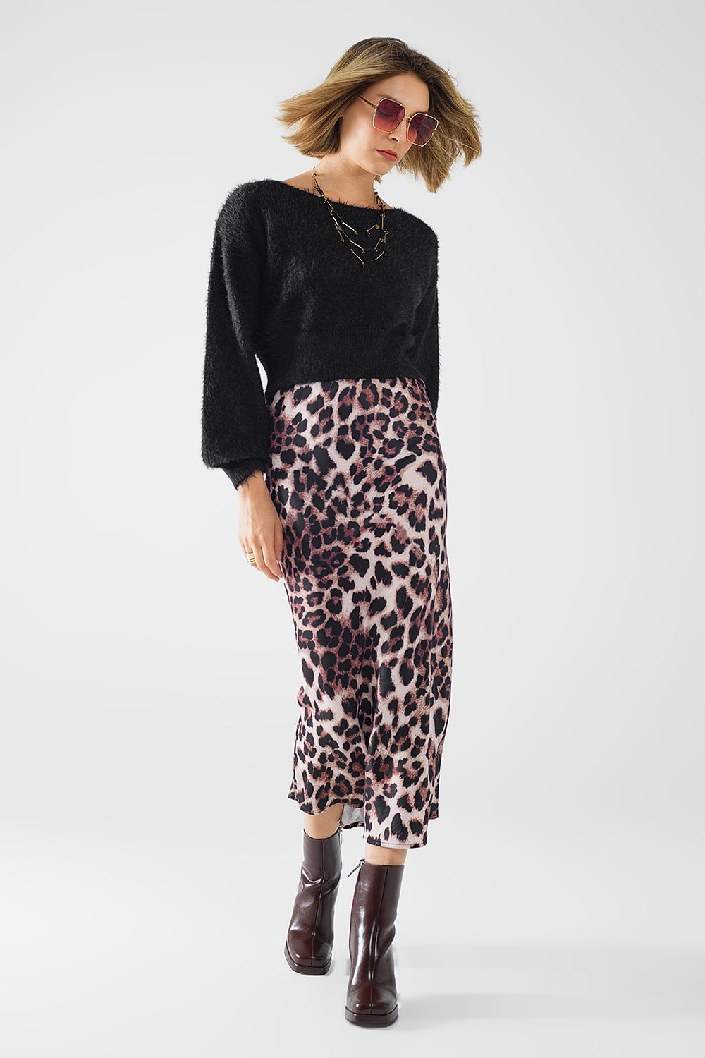 Leopard Print Mid-Rise Flared Midi Skirt